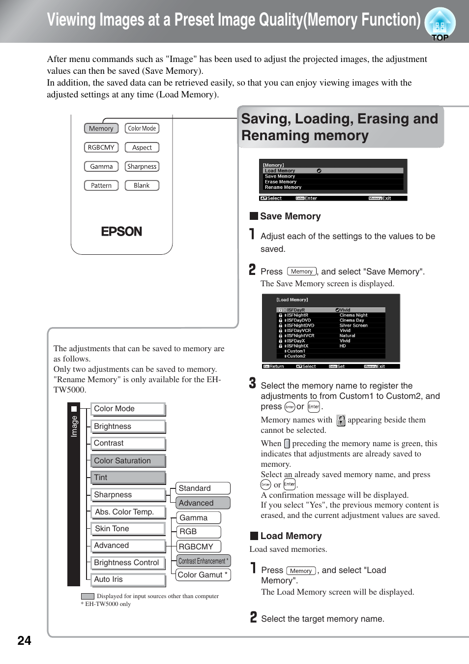 Saving, loading, erasing and renaming memory, Viewing images at a preset image quality, Memory function) | Saving, loading, erasing and renaming, Memory | Epson EH-TW5000 User Manual | Page 26 / 63