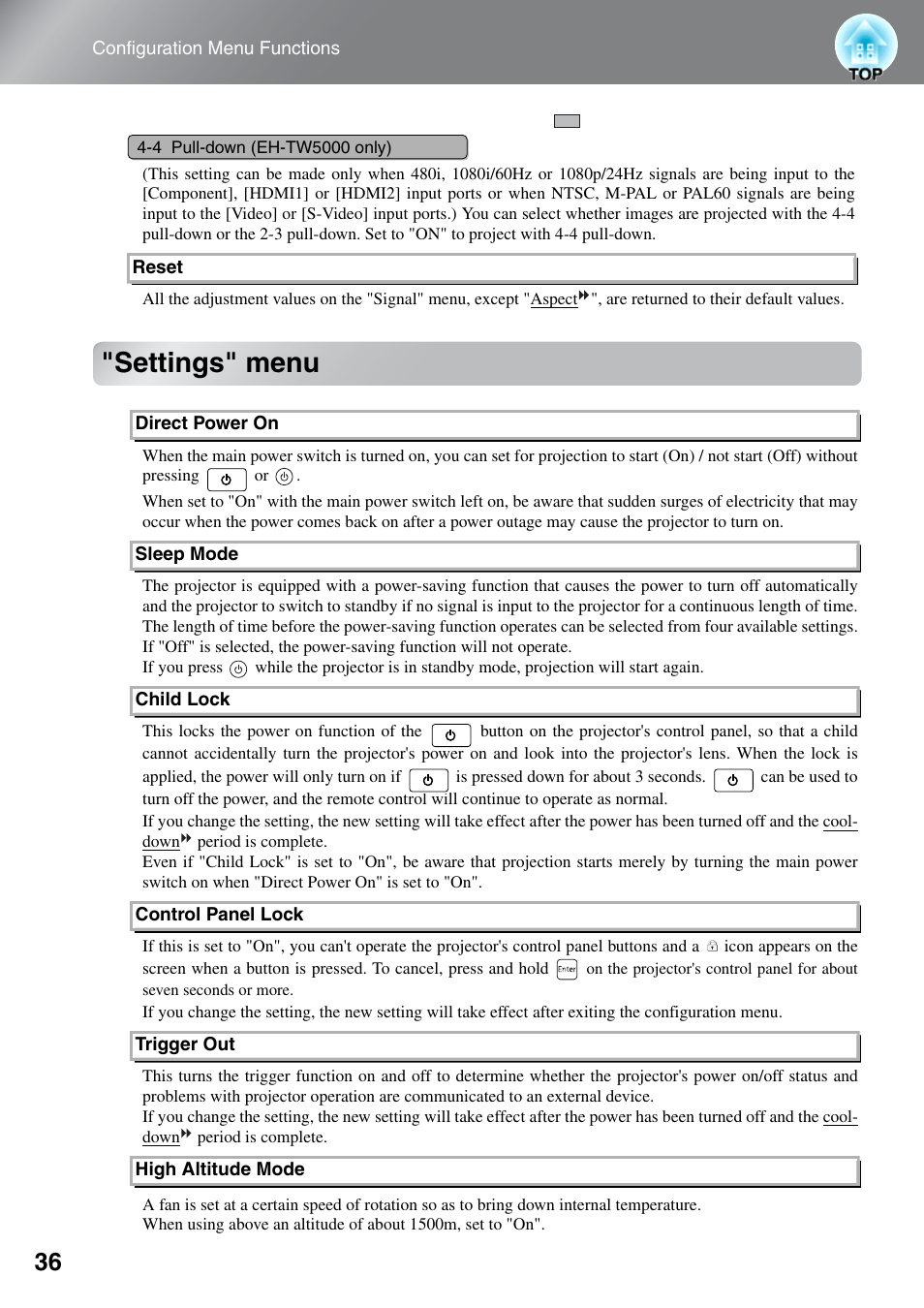 Settings" menu | Epson EH-TW5000 User Manual | Page 38 / 63