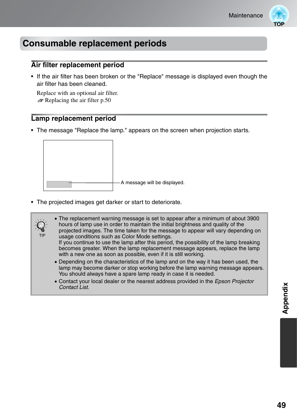Consumable replacement periods, Air filter replacement period, Lamp replacement period | Epson EH-TW5000 User Manual | Page 51 / 63