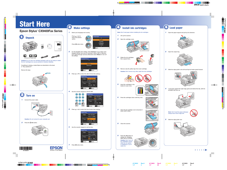 Make settings, Start here, Epson stylus | Cx9400fax series, Unpack, Load paper install ink cartridges, Turn on | Epson CX9400FAX User Manual | Page 2 / 8
