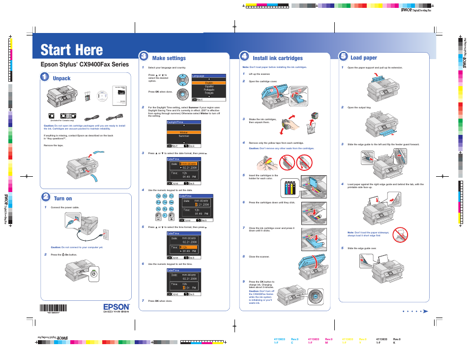 Install ink cartridges, Start here, Epson stylus | Cx9400fax series, Unpack, Make settings, Load paper install ink cartridges, Turn on | Epson CX9400FAX User Manual | Page 3 / 8
