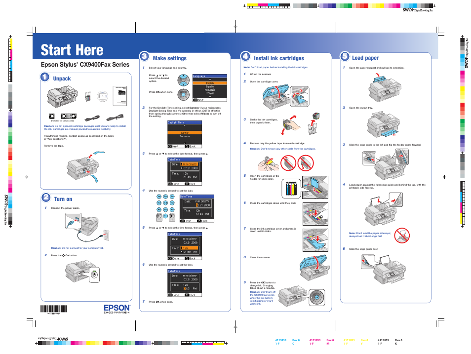 Load paper, Start here, Epson stylus | Cx9400fax series, Unpack, Make settings, Load paper install ink cartridges, Turn on | Epson CX9400FAX User Manual | Page 4 / 8