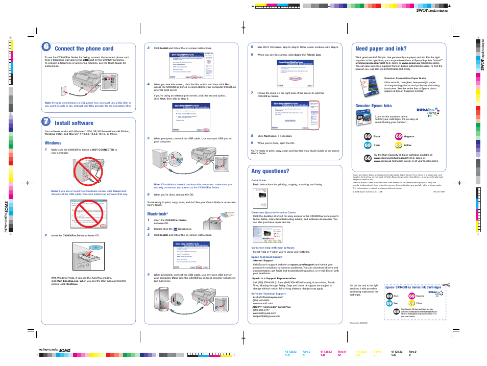 Connect the phone cord, Install software, Windows | Need paper and ink, Any questions | Epson CX9400FAX User Manual | Page 5 / 8