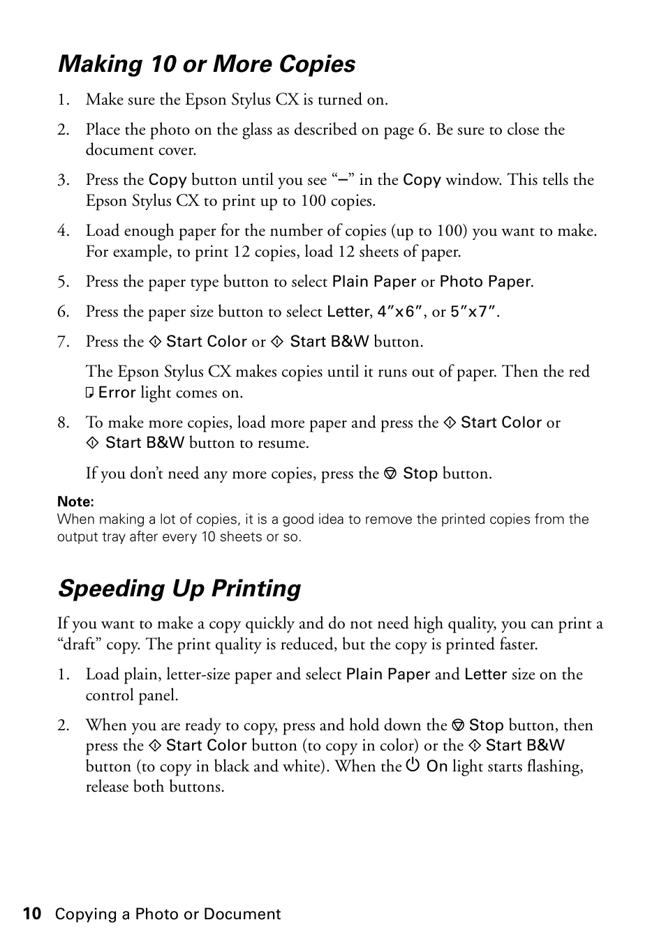 Making 10 or more copies, Speeding up printing | Epson Stylus CX4200 User Manual | Page 10 / 48