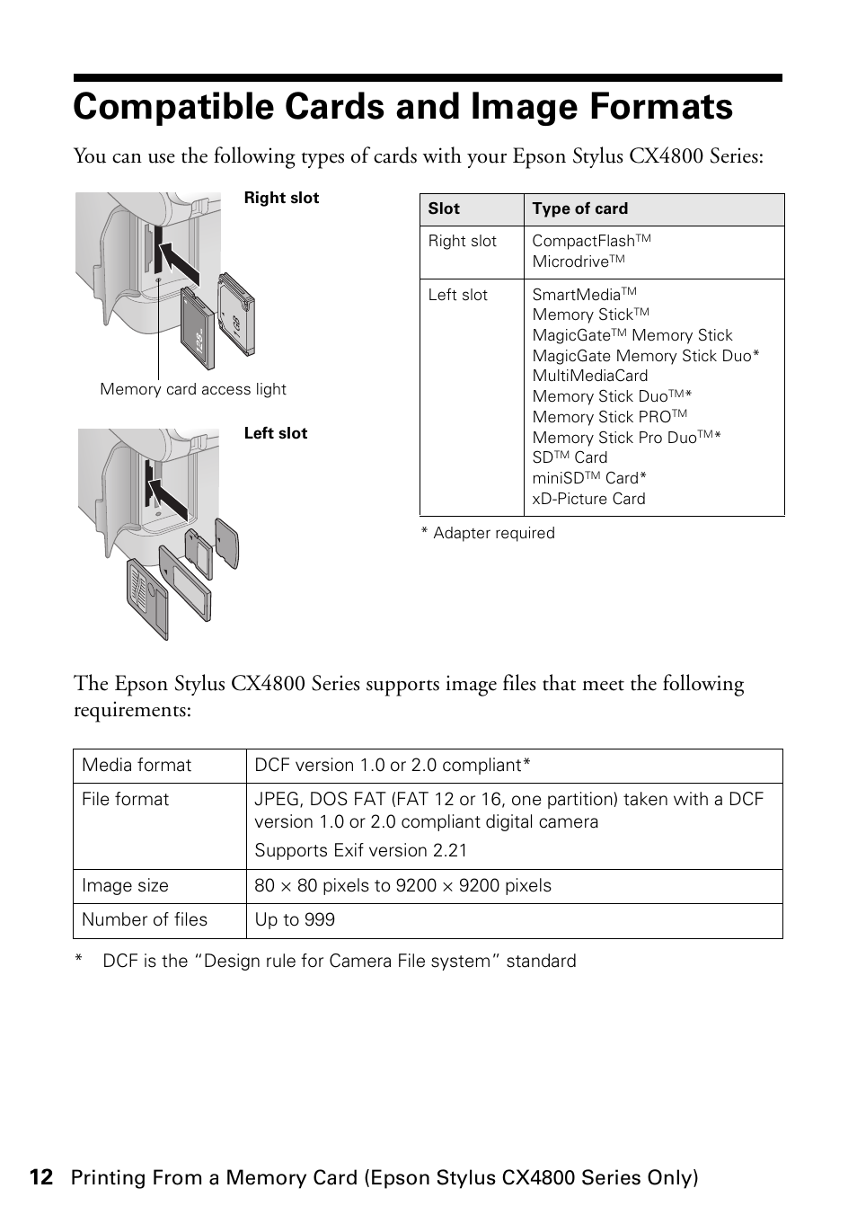 Compatible cards and image formats, Compatible cards and image formats” (belo | Epson Stylus CX4200 User Manual | Page 12 / 48