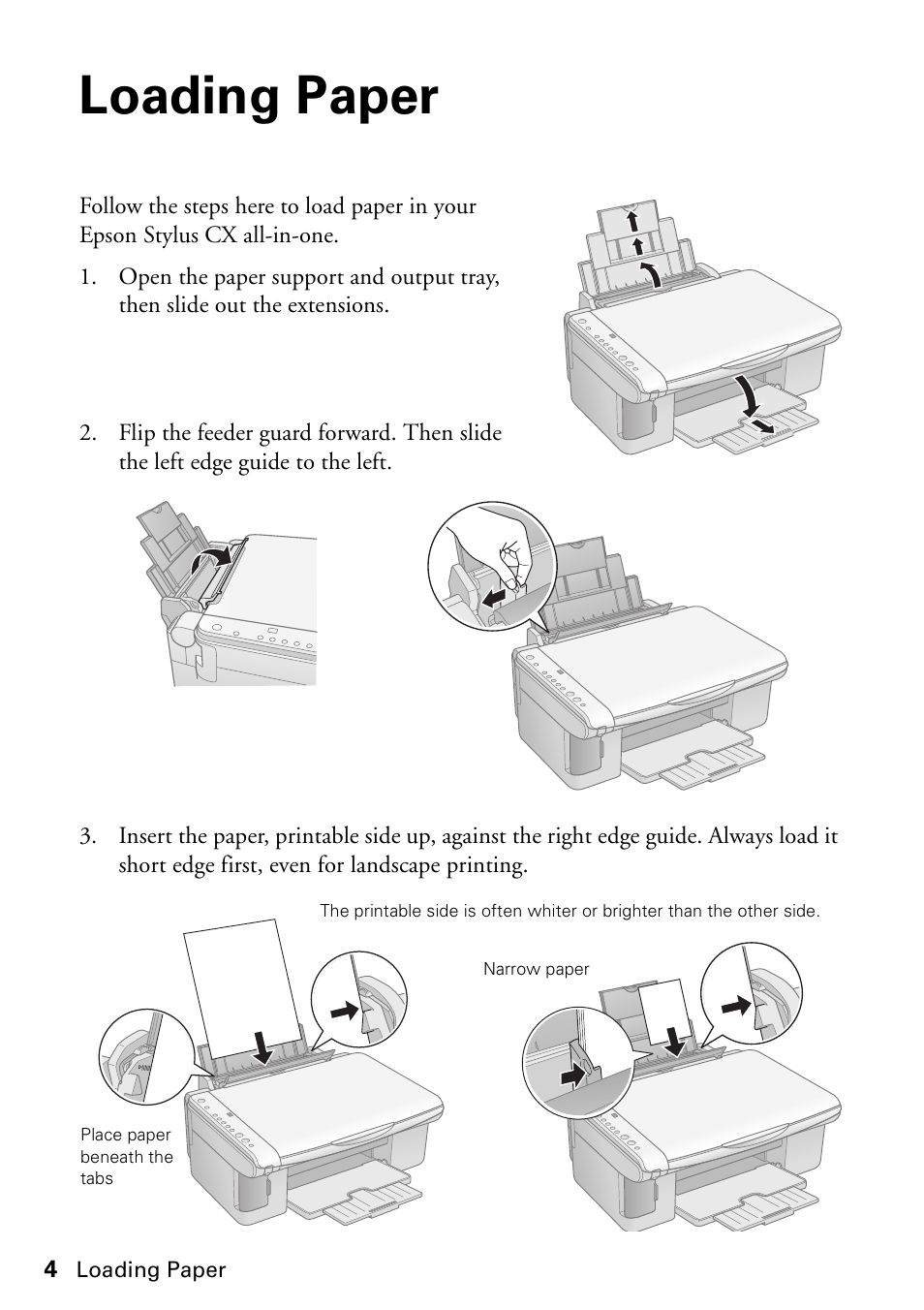Loading paper | Epson Stylus CX4200 User Manual | Page 4 / 48
