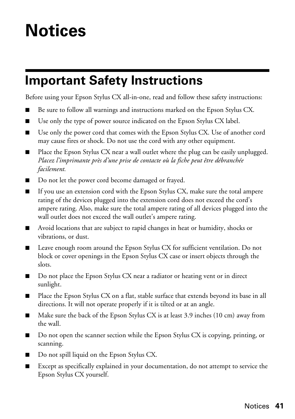 Notices, Important safety instructions | Epson Stylus CX4200 User Manual | Page 41 / 48