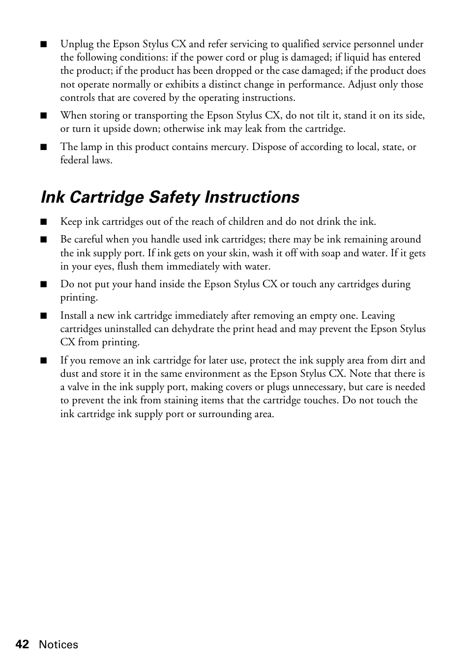 Ink cartridge safety instructions | Epson Stylus CX4200 User Manual | Page 42 / 48