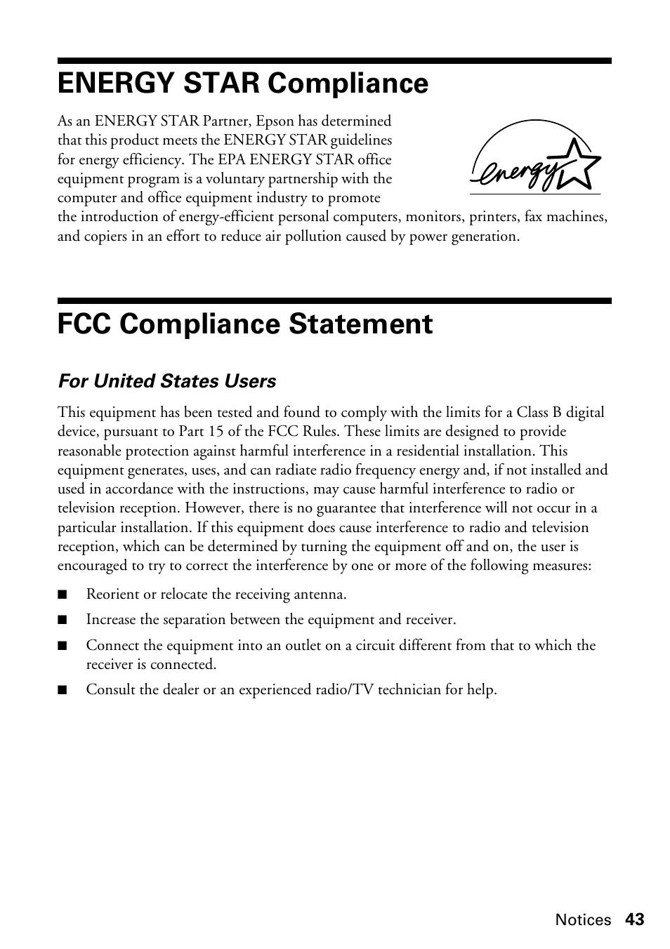 Energy star compliance, Fcc compliance statement, For united states users | Epson Stylus CX4200 User Manual | Page 43 / 48