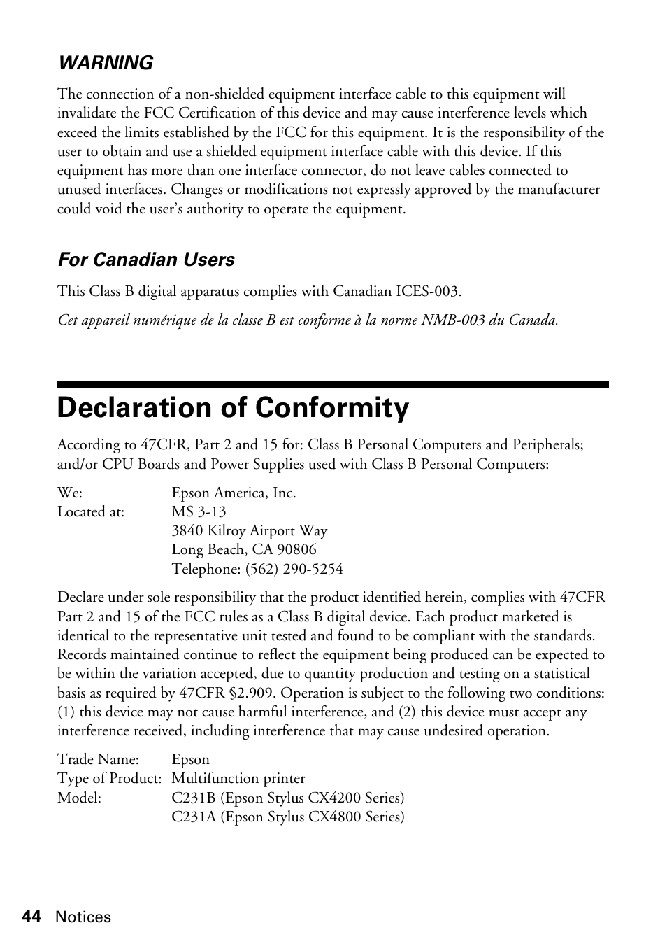 Declaration of conformity | Epson Stylus CX4200 User Manual | Page 44 / 48