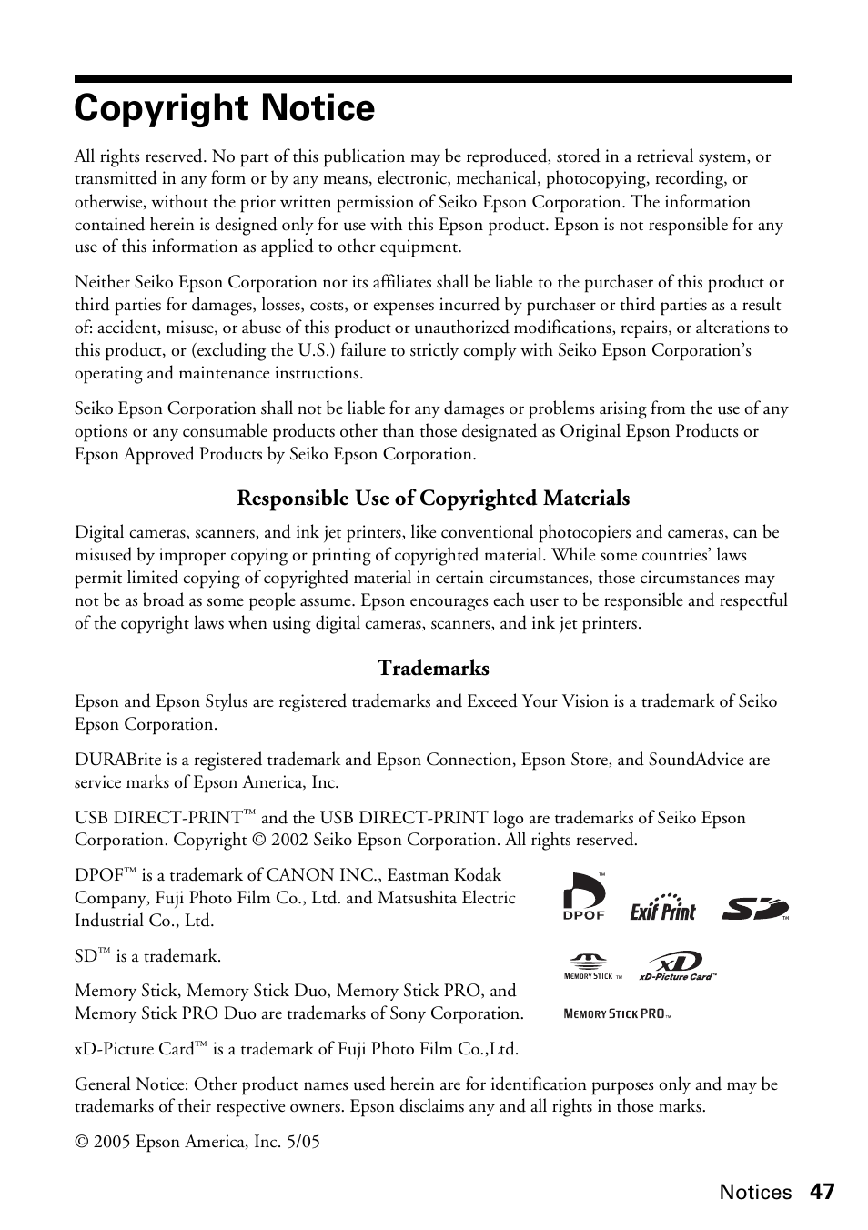 Copyright notice, Responsible use of copyrighted materials, Trademarks | Epson Stylus CX4200 User Manual | Page 47 / 48