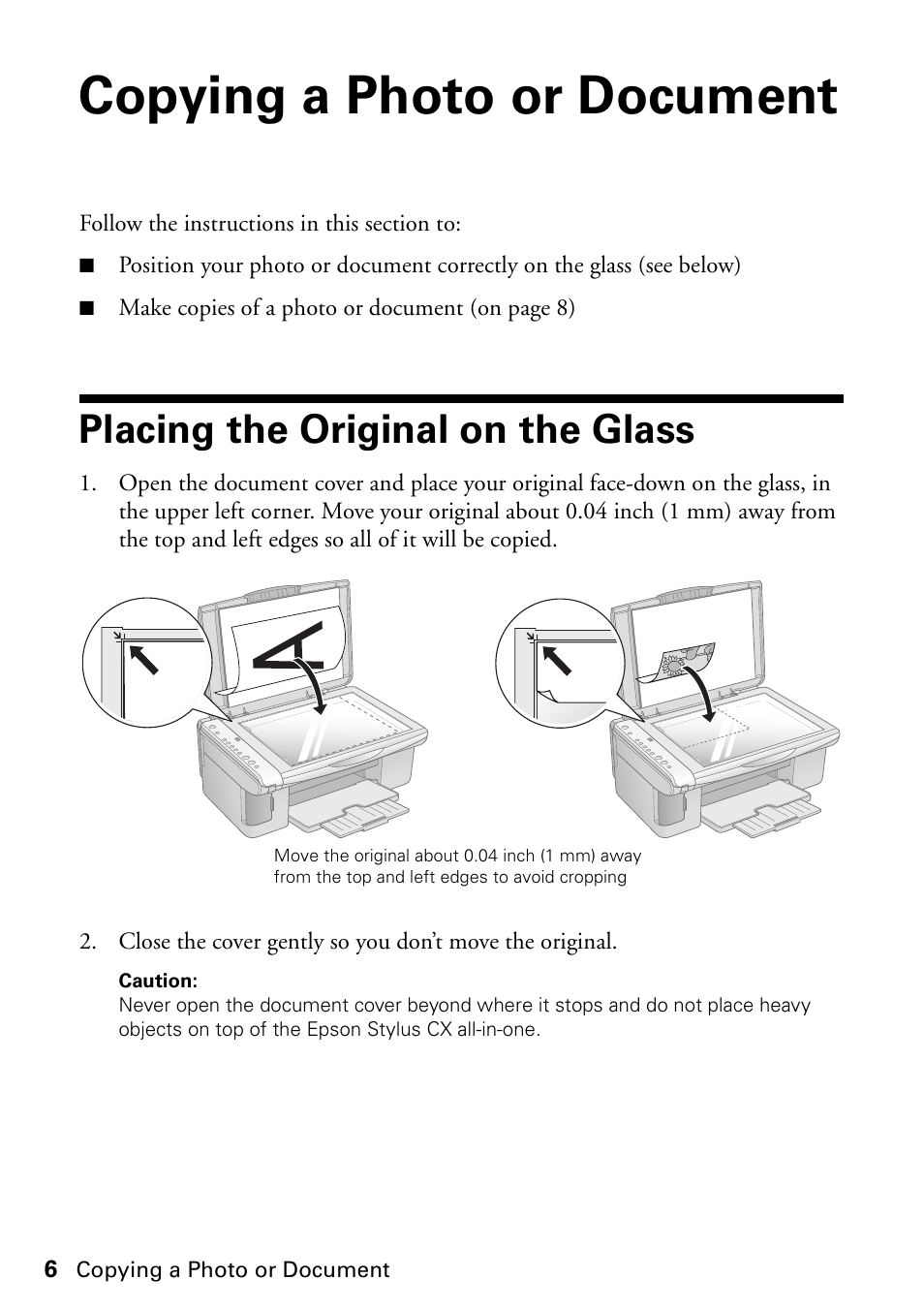 Copying a photo or document, Placing the original on the glass | Epson Stylus CX4200 User Manual | Page 6 / 48