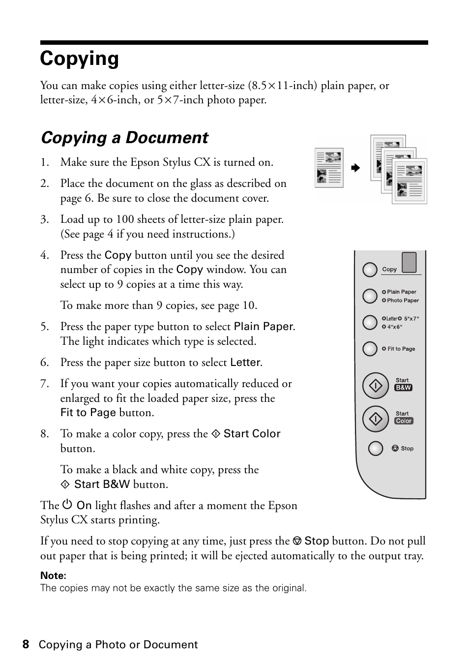 Copying, Copying a document | Epson Stylus CX4200 User Manual | Page 8 / 48