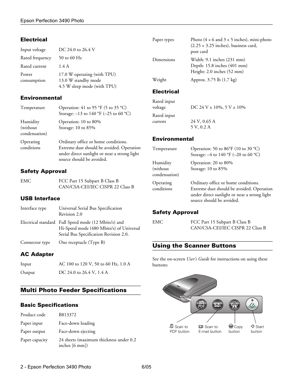 Electrical, Environmental, Safety approval | Usb interface, Ac adapter, Multi photo feeder specifications, Basic specifications, Using the scanner buttons | Epson Perfection Photo 3490 User Manual | Page 2 / 6