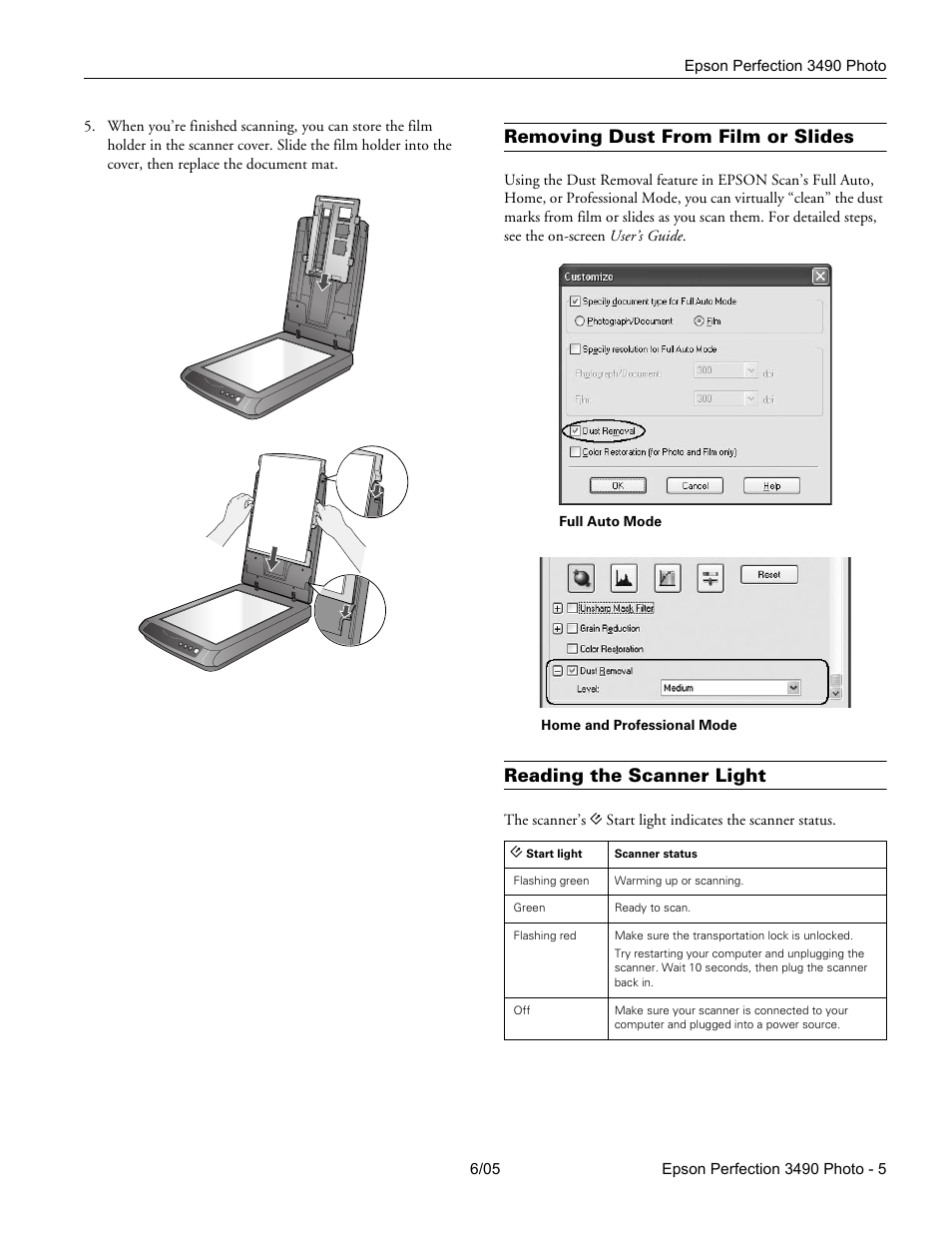 Removing dust from film or slides, Reading the scanner light | Epson Perfection Photo 3490 User Manual | Page 5 / 6