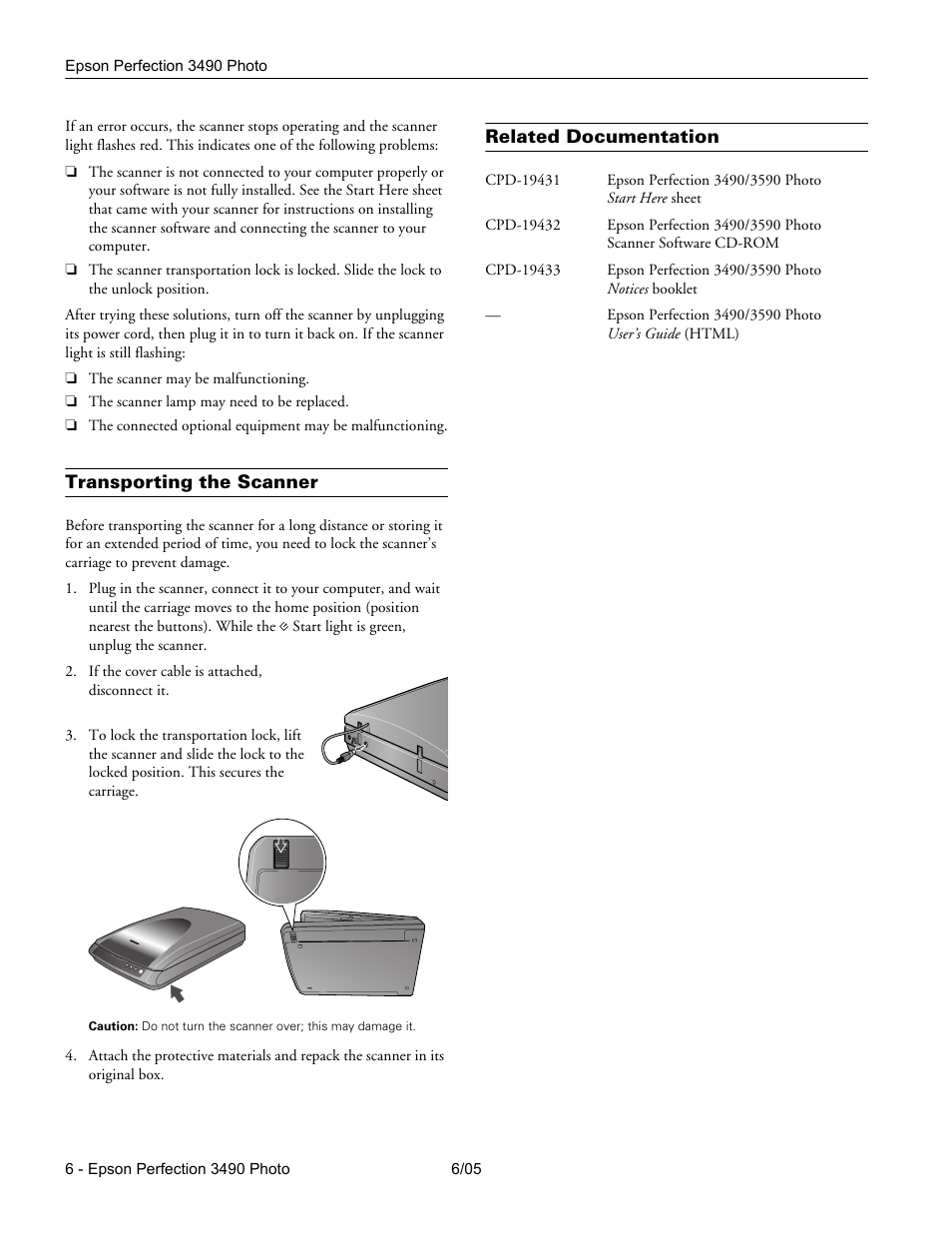 Transporting the scanner, Related documentation | Epson Perfection Photo 3490 User Manual | Page 6 / 6