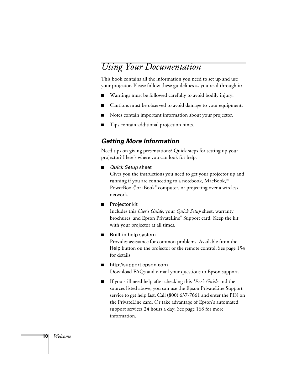 Using your documentation, Getting more information | Epson PowerLite 1715c User Manual | Page 10 / 202