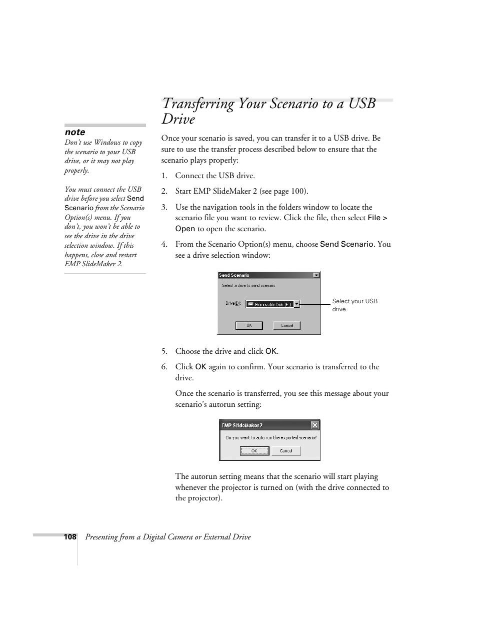 Transferring your scenario to a usb drive | Epson PowerLite 1715c User Manual | Page 108 / 202
