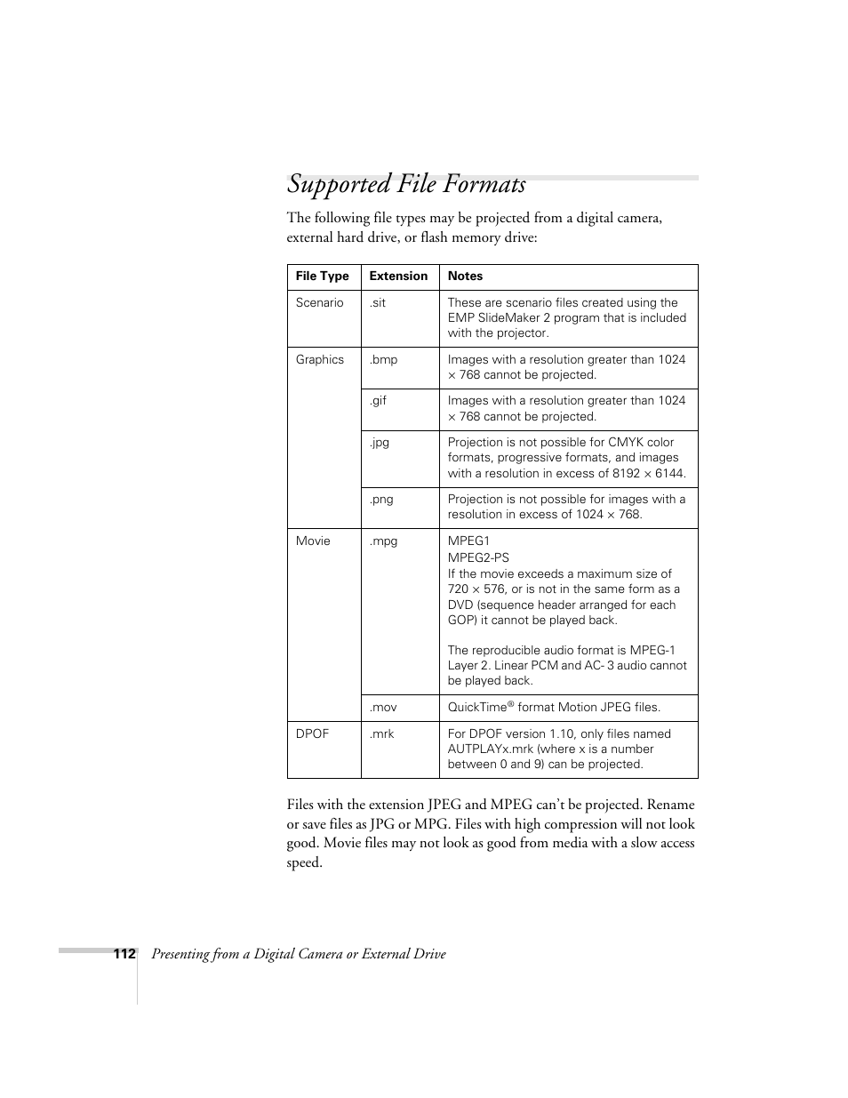 Supported file formats | Epson PowerLite 1715c User Manual | Page 112 / 202