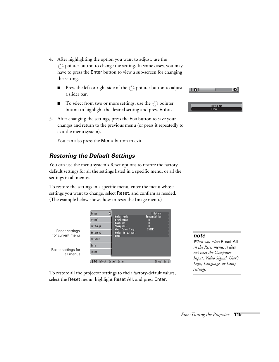 Restoring the default settings | Epson PowerLite 1715c User Manual | Page 115 / 202