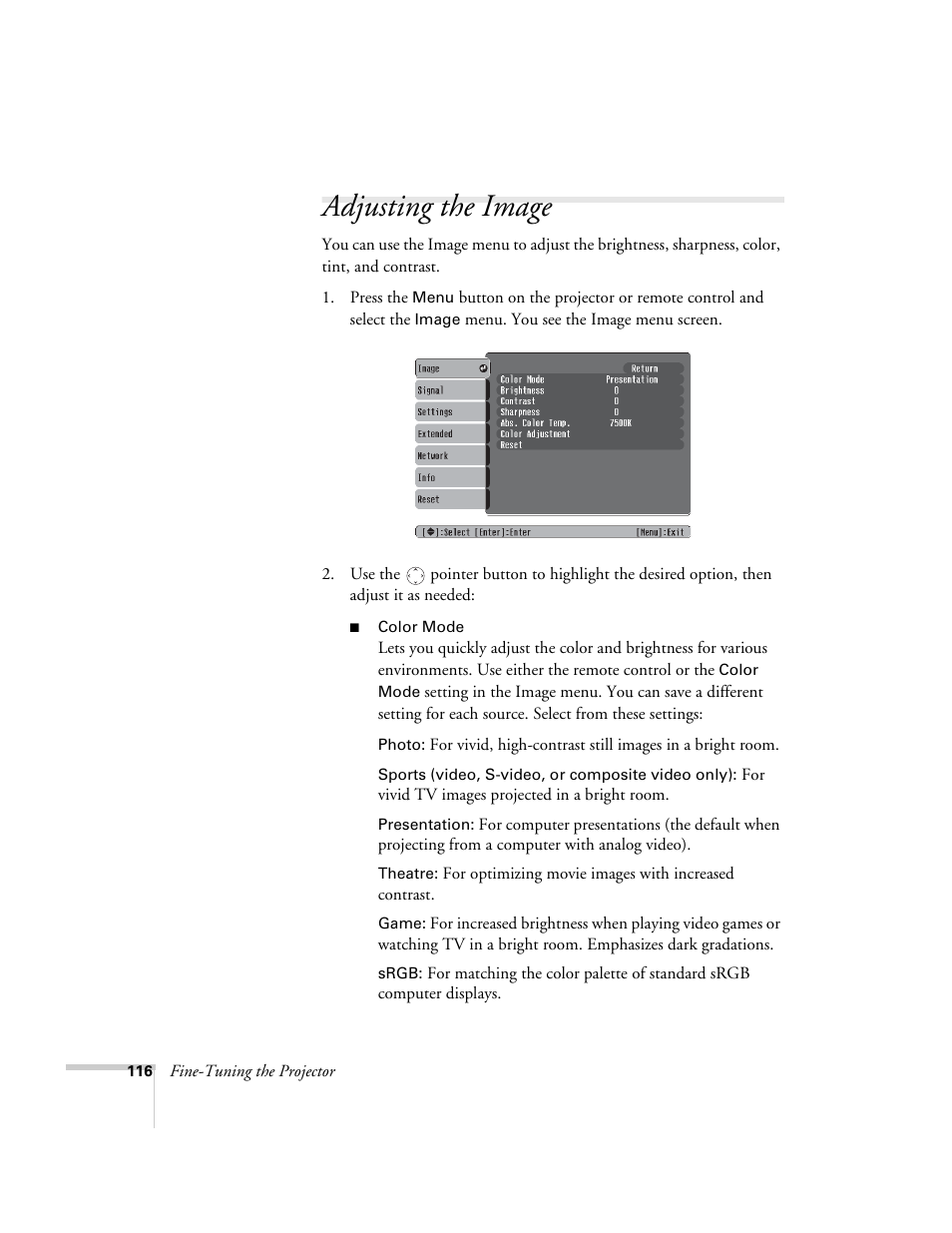 Adjusting the image | Epson PowerLite 1715c User Manual | Page 116 / 202