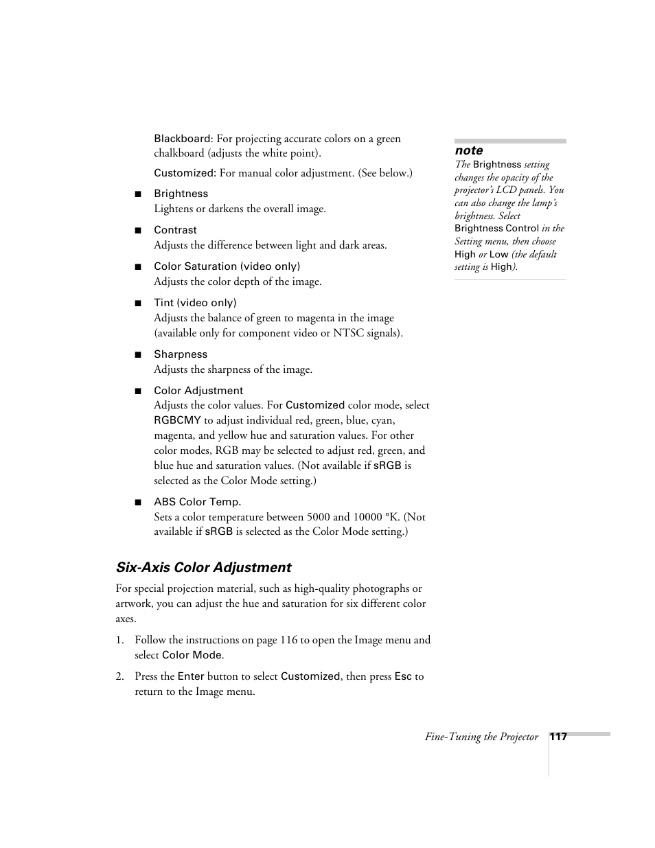 Six-axis color adjustment | Epson PowerLite 1715c User Manual | Page 117 / 202