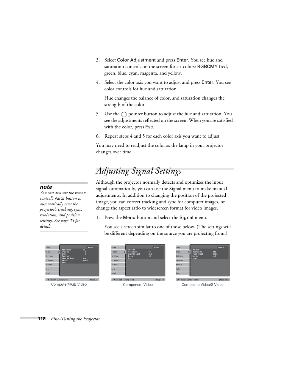 Adjusting signal settings | Epson PowerLite 1715c User Manual | Page 118 / 202