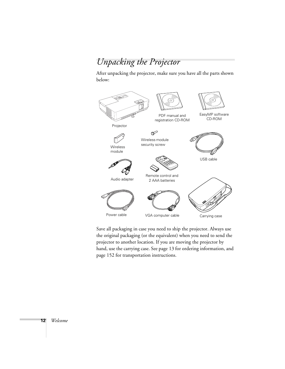 Unpacking the projector | Epson PowerLite 1715c User Manual | Page 12 / 202