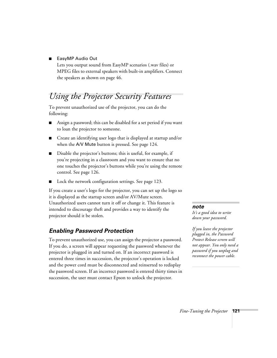 Using the projector security features, Enabling password protection | Epson PowerLite 1715c User Manual | Page 121 / 202