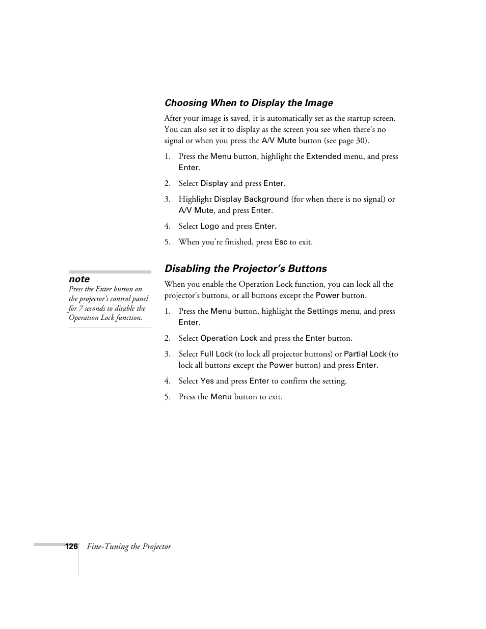Disabling the projector’s buttons | Epson PowerLite 1715c User Manual | Page 126 / 202