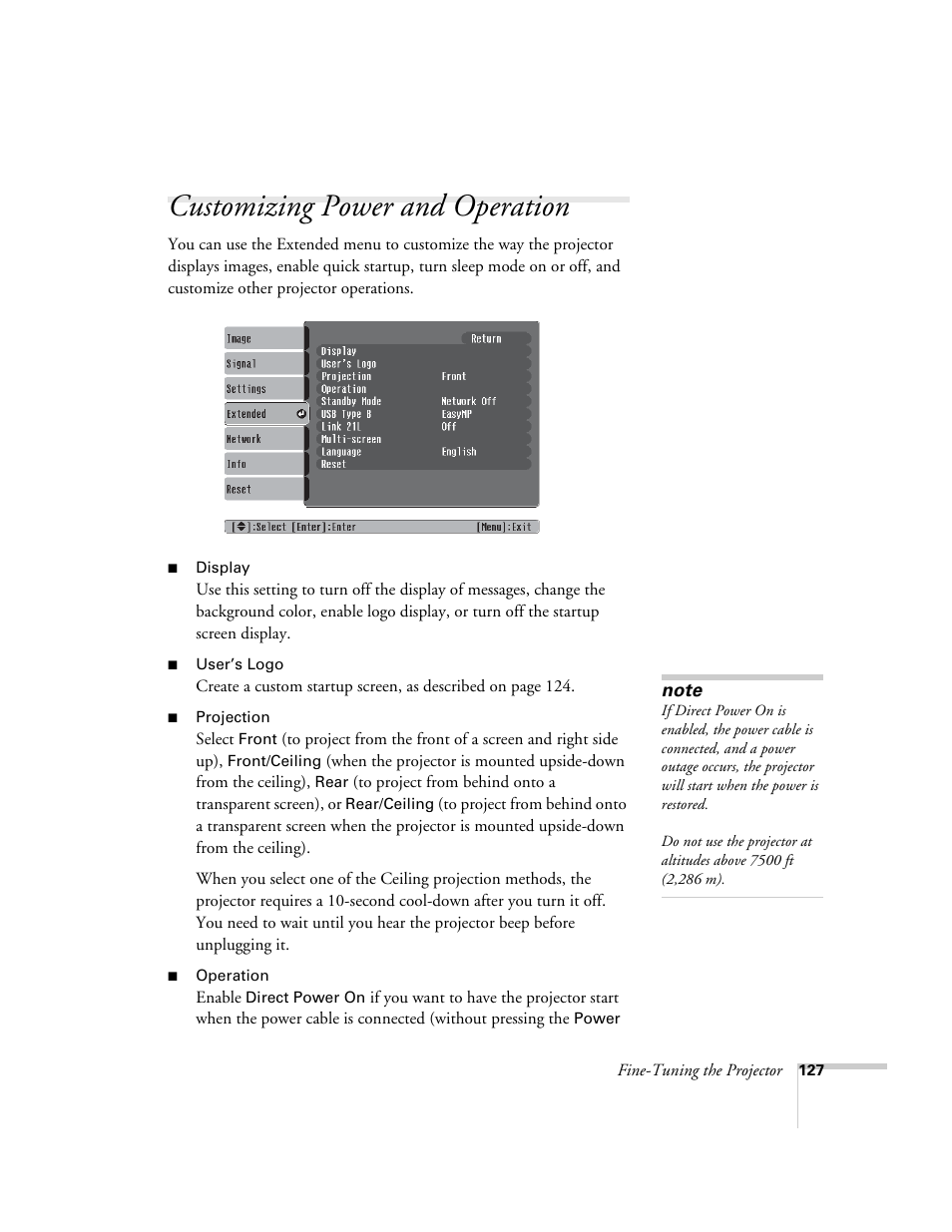 Customizing power and operation | Epson PowerLite 1715c User Manual | Page 127 / 202