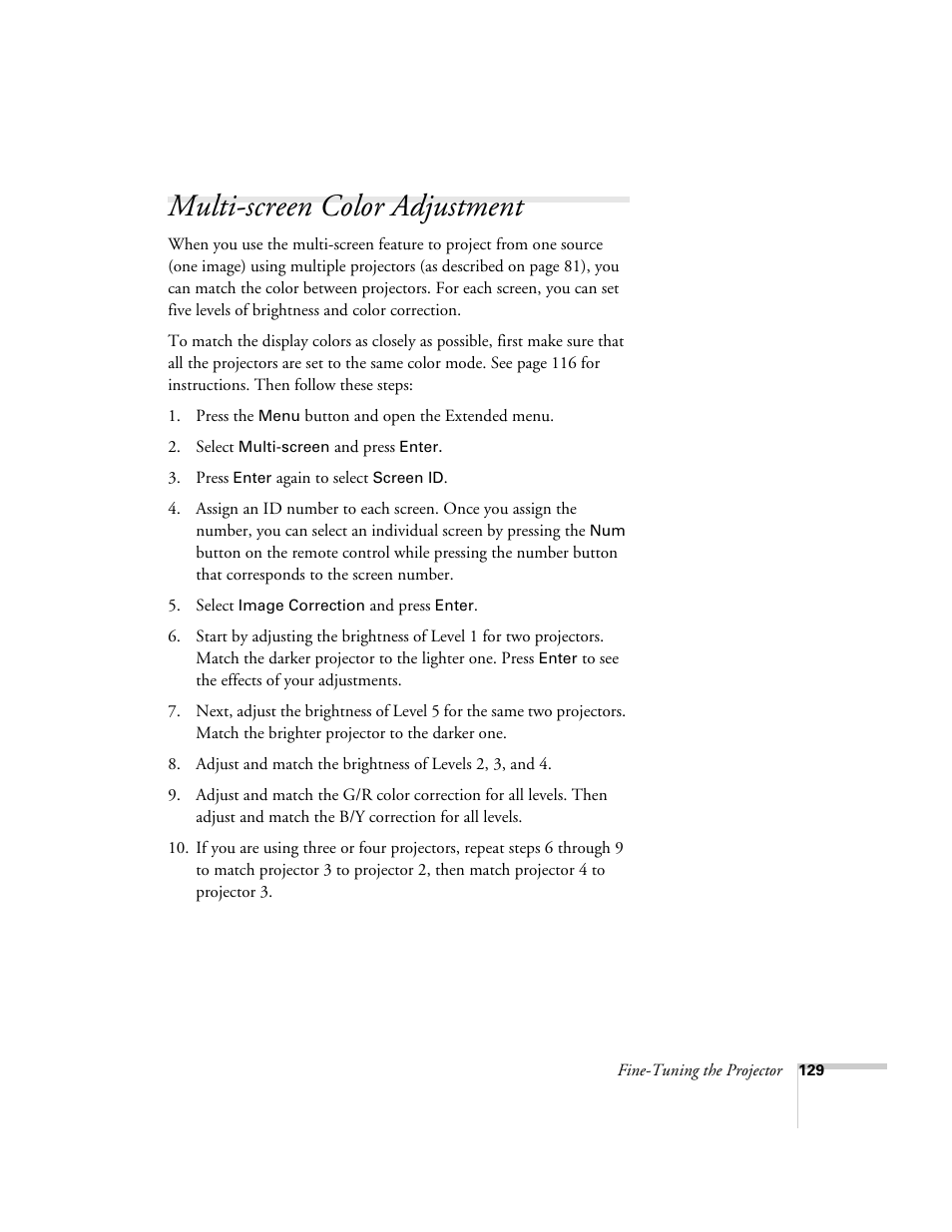 Multi-screen color adjustment | Epson PowerLite 1715c User Manual | Page 129 / 202