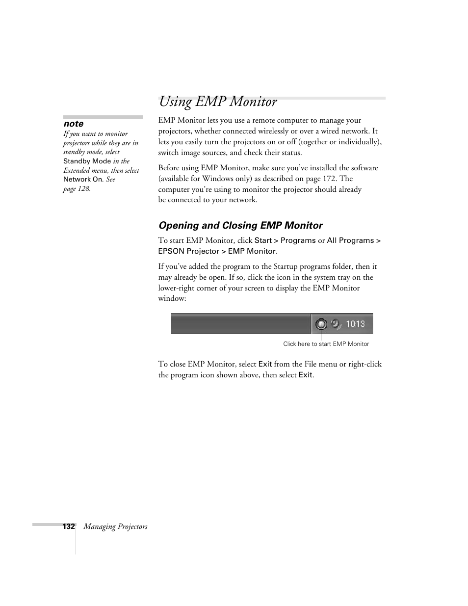 Using emp monitor, Opening and closing emp monitor | Epson PowerLite 1715c User Manual | Page 132 / 202