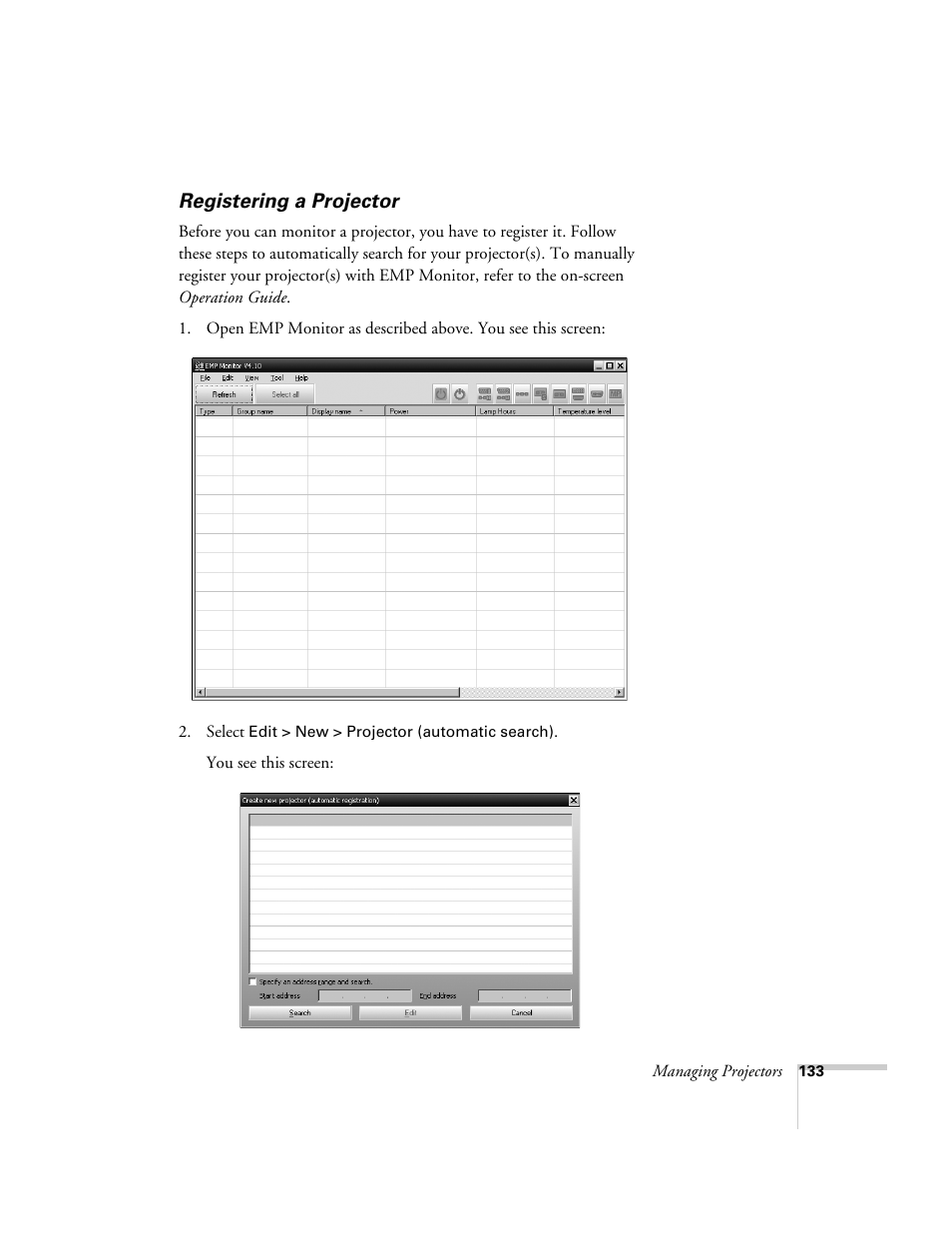 Registering a projector | Epson PowerLite 1715c User Manual | Page 133 / 202