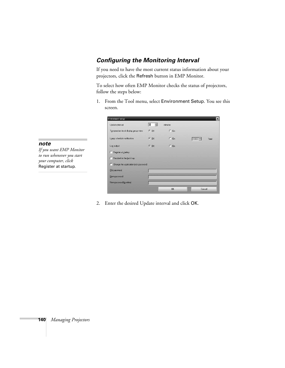 Configuring the monitoring interval | Epson PowerLite 1715c User Manual | Page 140 / 202