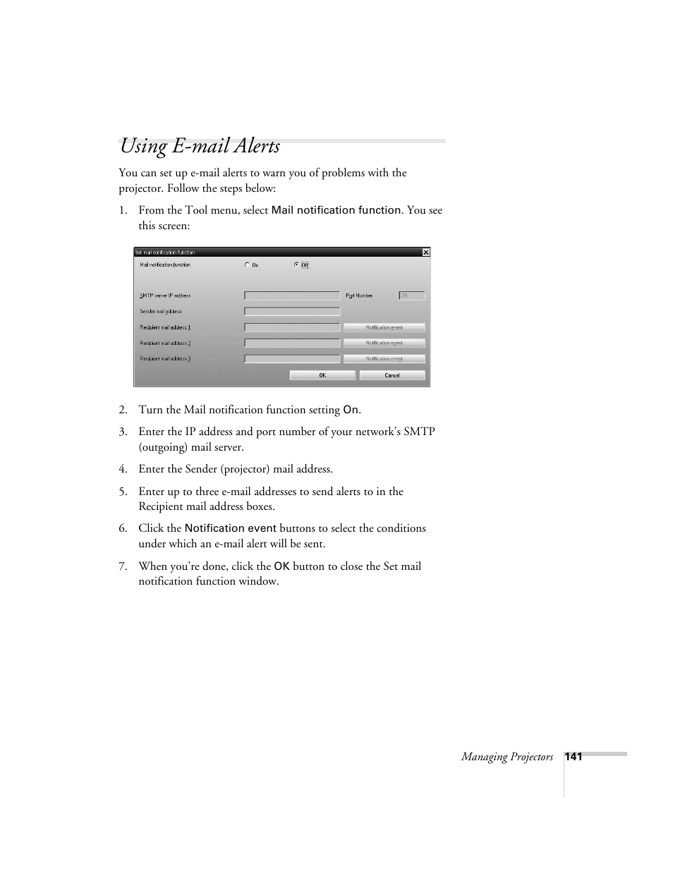 Using e-mail alerts | Epson PowerLite 1715c User Manual | Page 141 / 202