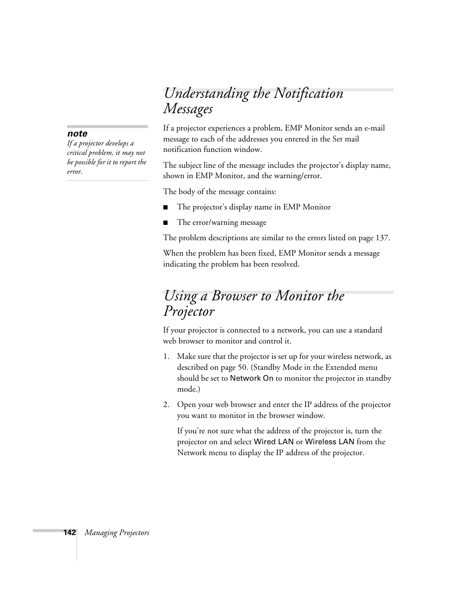 Understanding the notification messages, Using a browser to monitor the projector | Epson PowerLite 1715c User Manual | Page 142 / 202