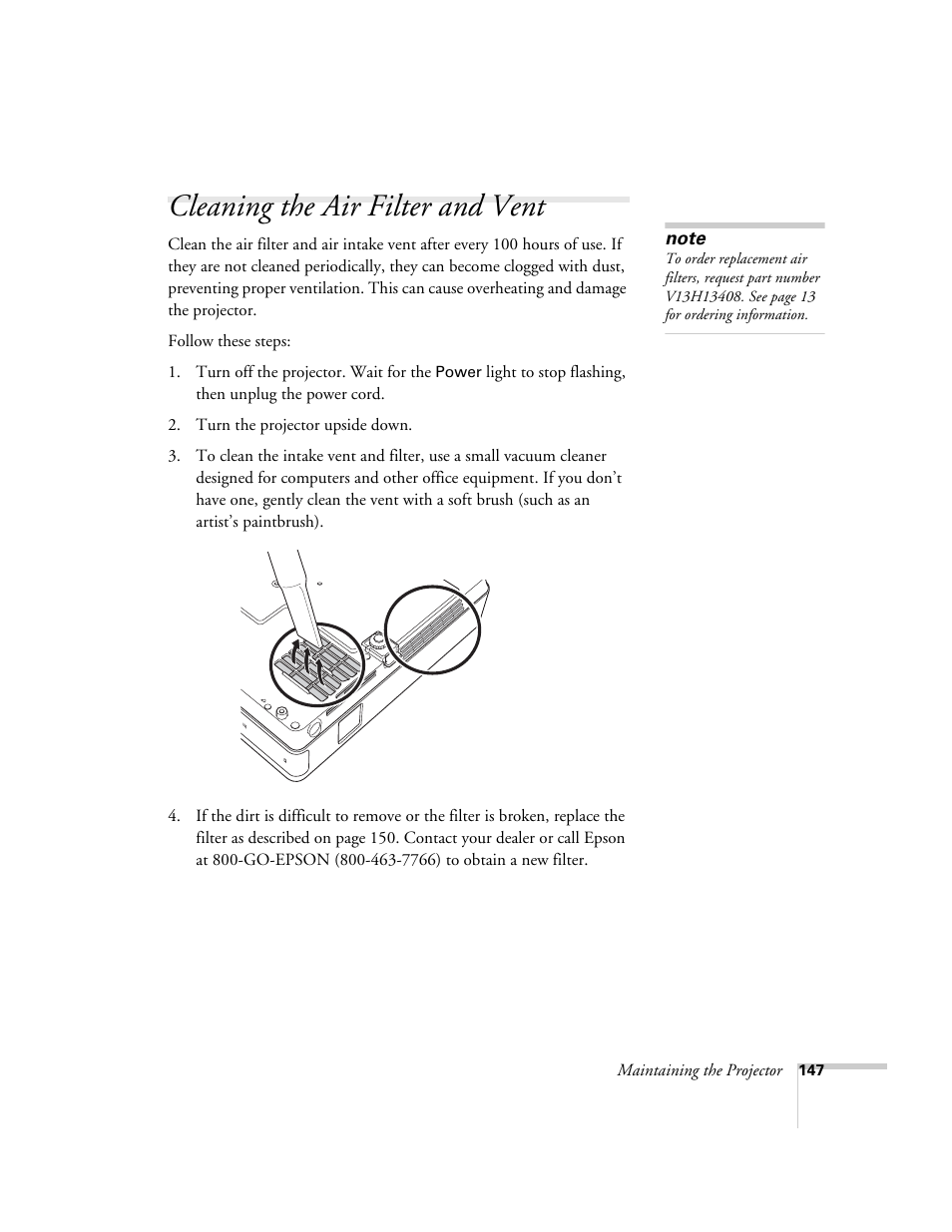 Cleaning the air filter and vent | Epson PowerLite 1715c User Manual | Page 147 / 202