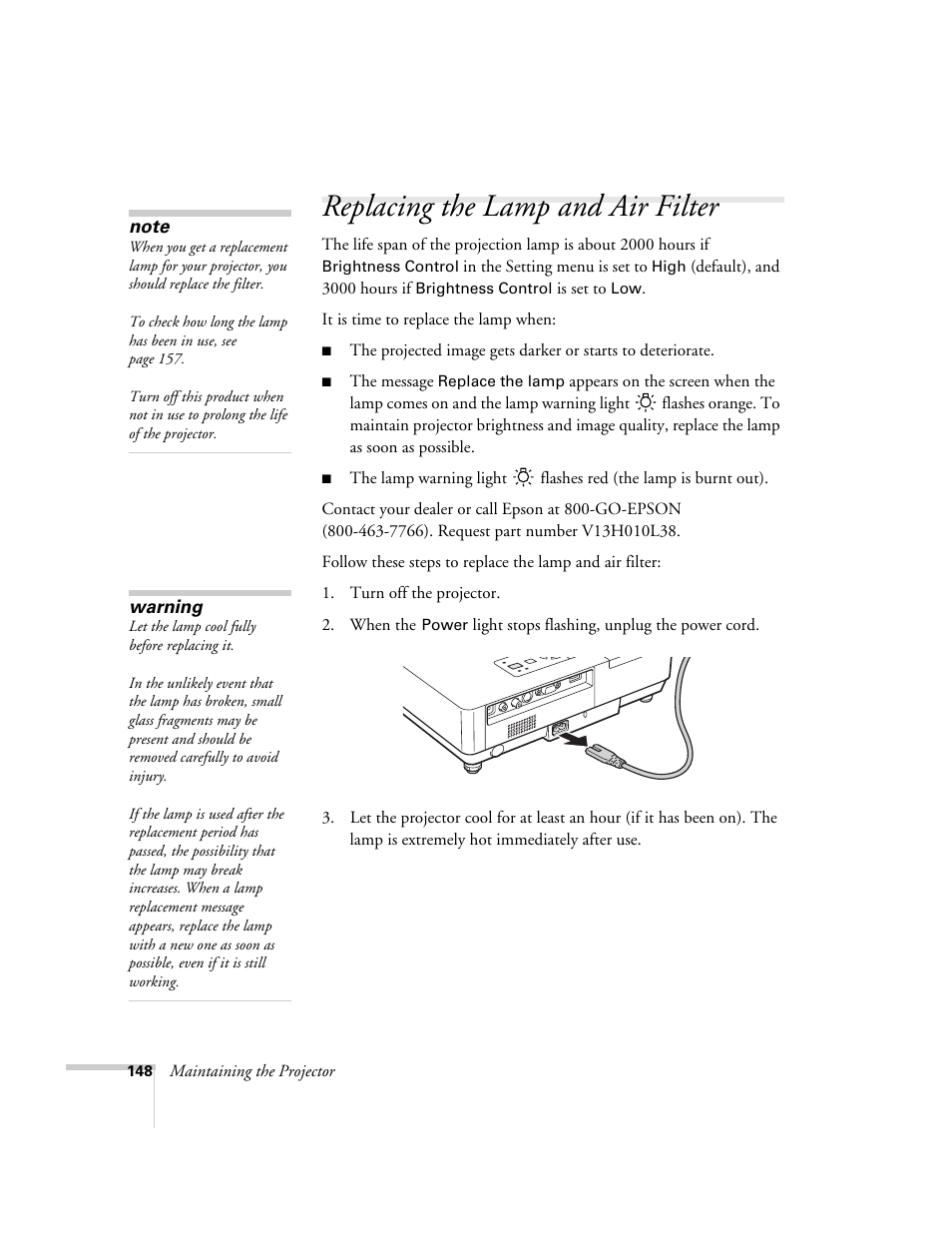 Replacing the lamp and air filter | Epson PowerLite 1715c User Manual | Page 148 / 202