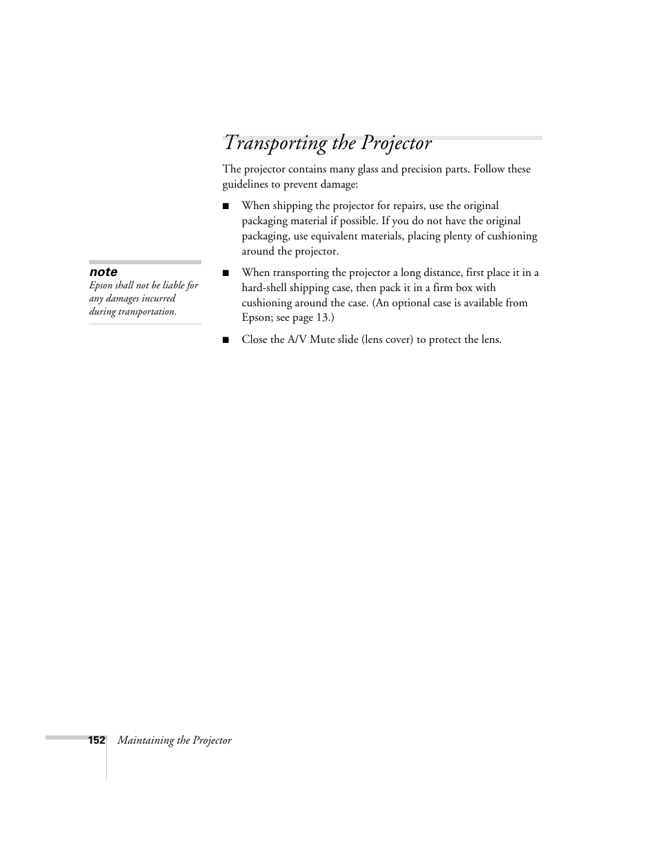 Transporting the projector | Epson PowerLite 1715c User Manual | Page 152 / 202