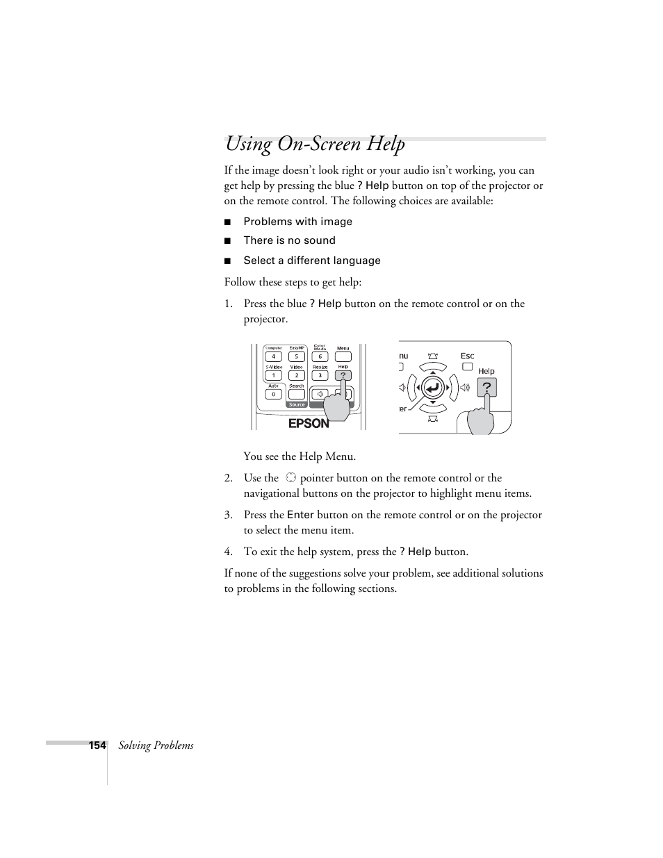 Using on-screen help | Epson PowerLite 1715c User Manual | Page 154 / 202