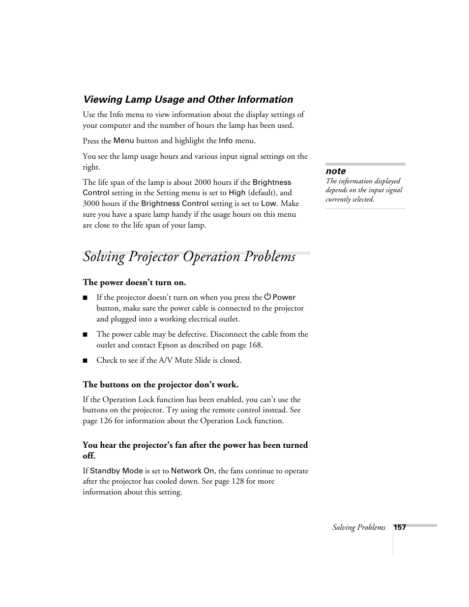 Viewing lamp usage and other information, Solving projector operation problems | Epson PowerLite 1715c User Manual | Page 157 / 202