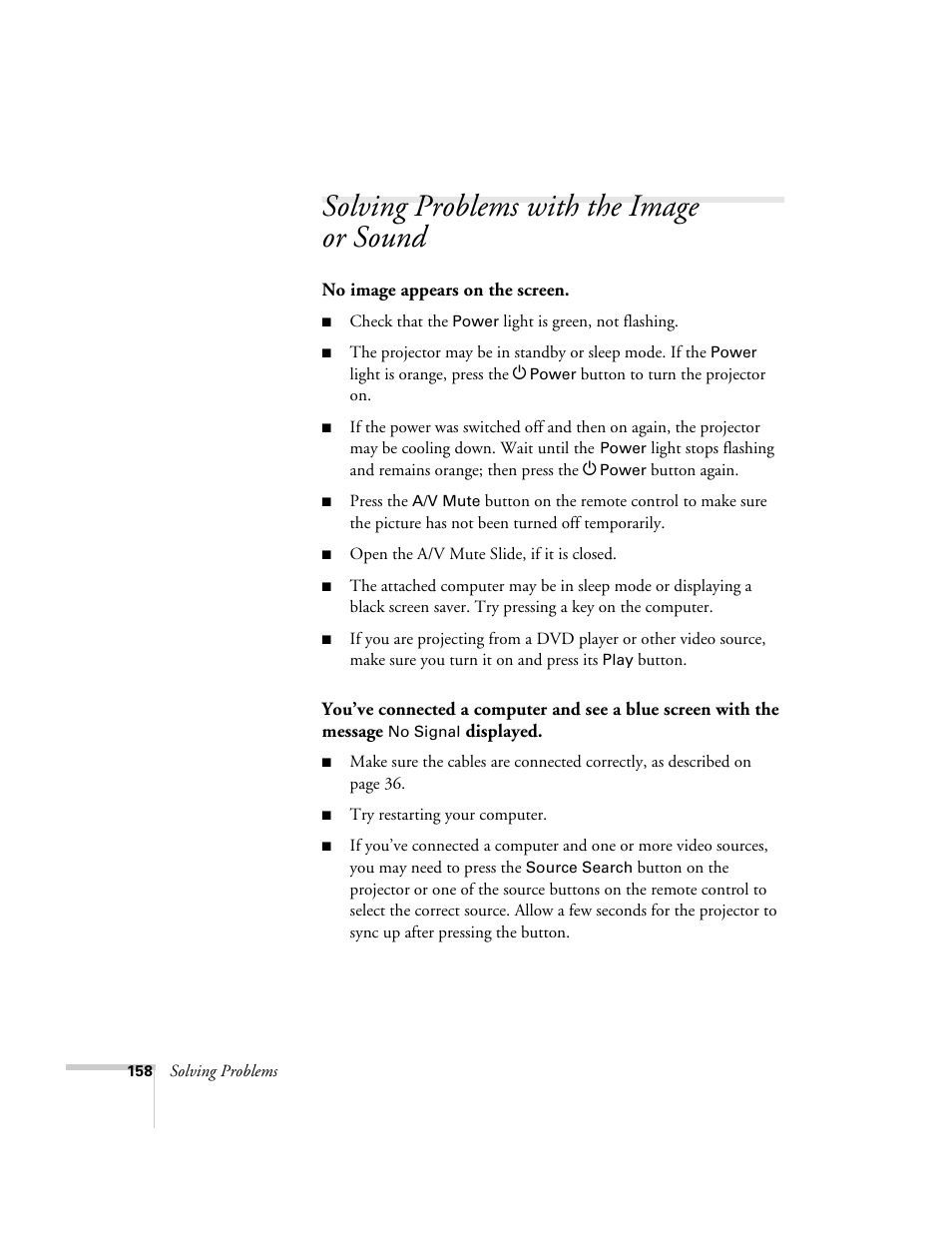 Solving problems with the image or sound | Epson PowerLite 1715c User Manual | Page 158 / 202
