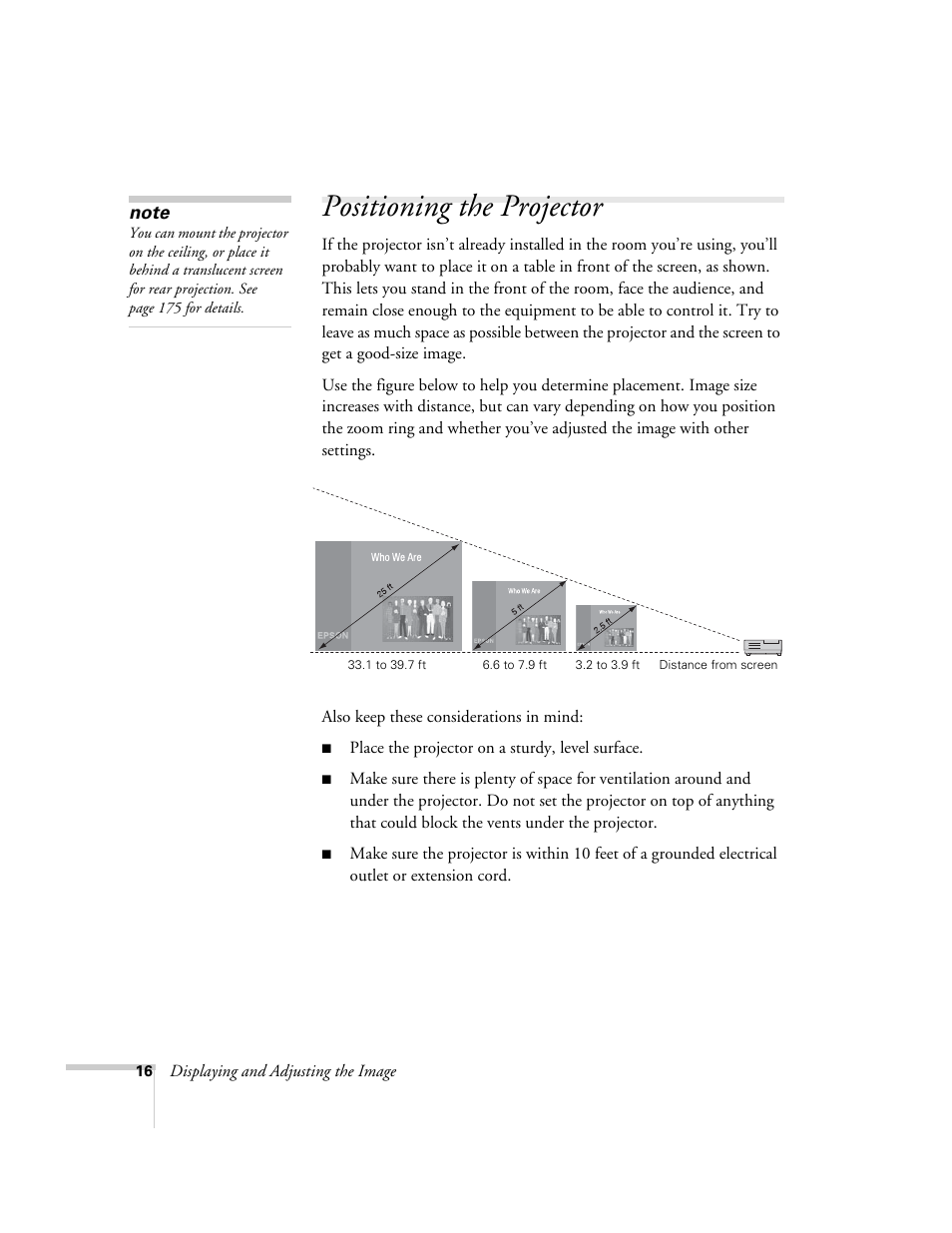 Positioning the projector | Epson PowerLite 1715c User Manual | Page 16 / 202