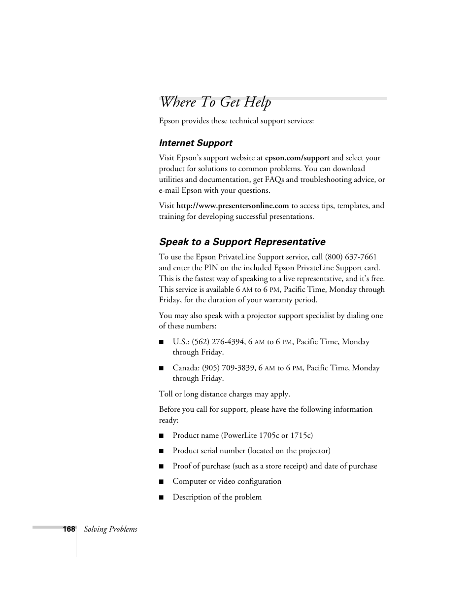 Where to get help, Speak to a support representative | Epson PowerLite 1715c User Manual | Page 168 / 202