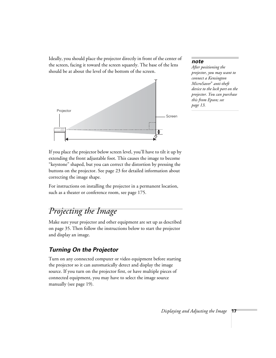 Projecting the image, Turning on the projector | Epson PowerLite 1715c User Manual | Page 17 / 202