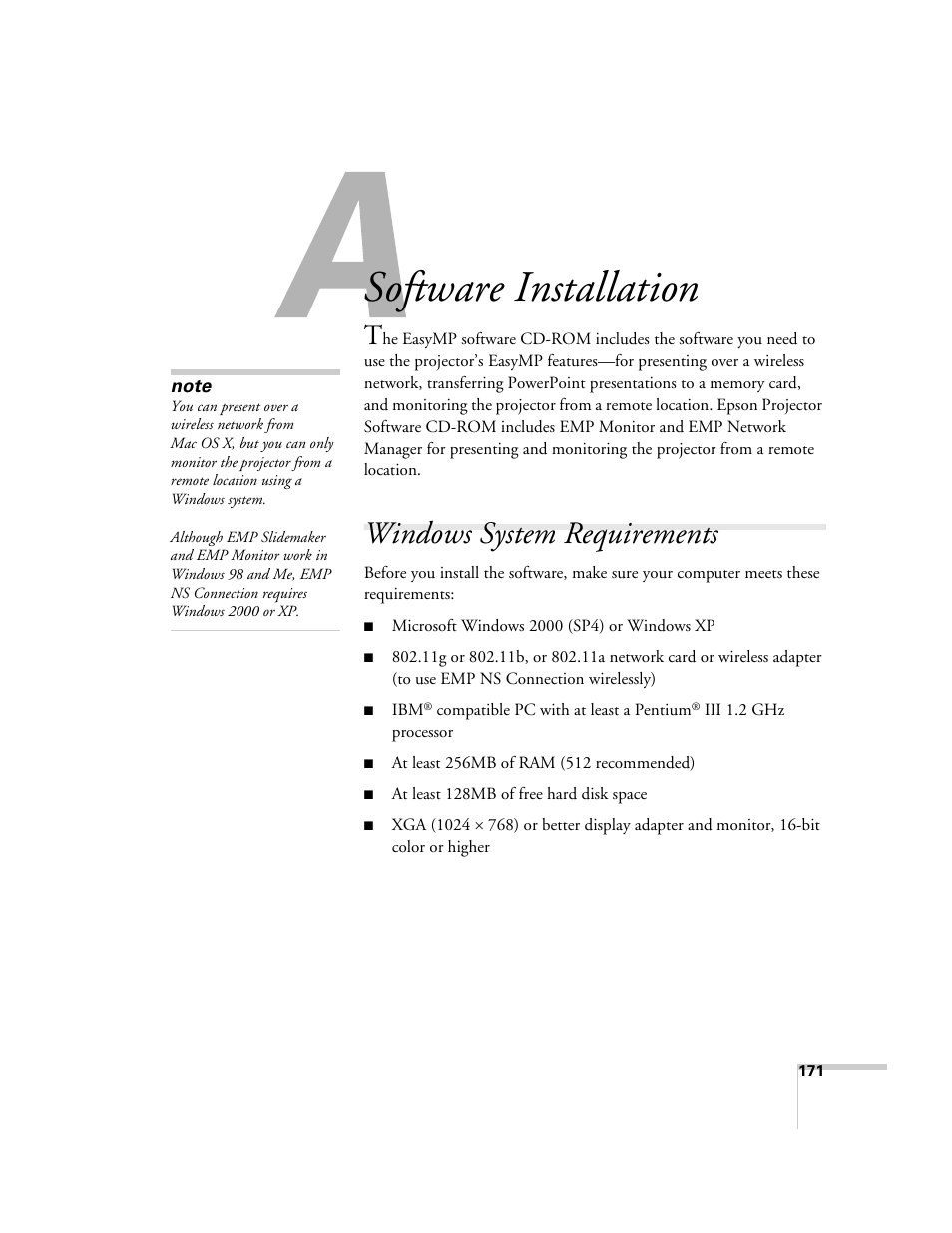 Software installation, Windows system requirements | Epson PowerLite 1715c User Manual | Page 171 / 202