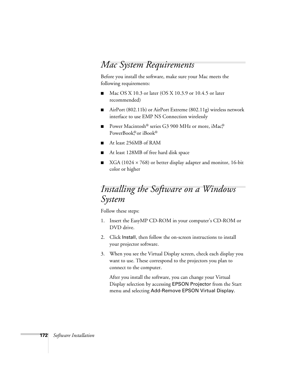 Mac system requirements, Installing the software on a windows system | Epson PowerLite 1715c User Manual | Page 172 / 202