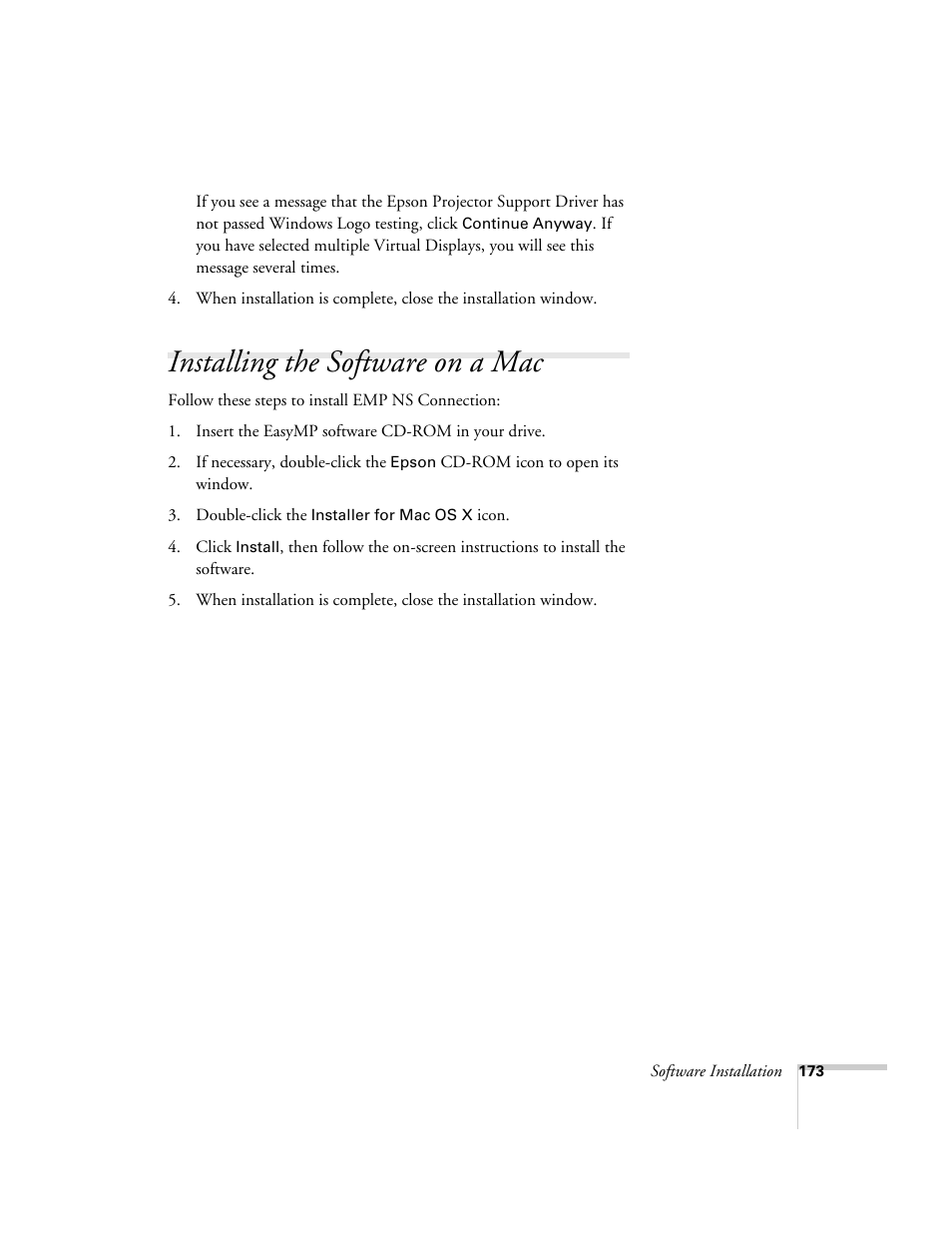 Installing the software on a mac | Epson PowerLite 1715c User Manual | Page 173 / 202