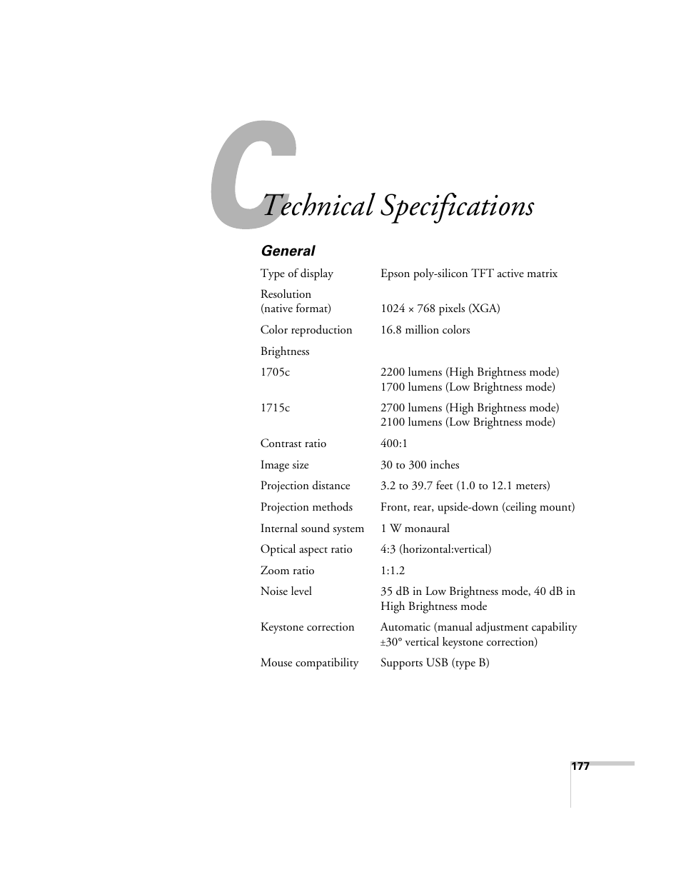 Technical specifications, General | Epson PowerLite 1715c User Manual | Page 177 / 202